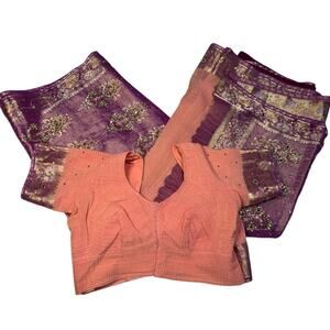 Women's L/ XL Pink & Purple Indian Net Sari / Saree